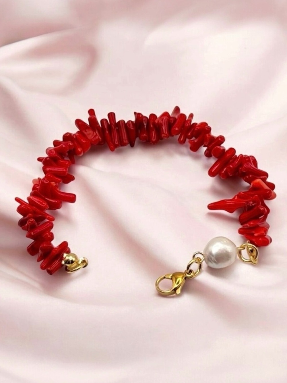 New Natural Red Coral Bracelet 7.5” Irregular Beads Freshwater Pearl Charm Boho